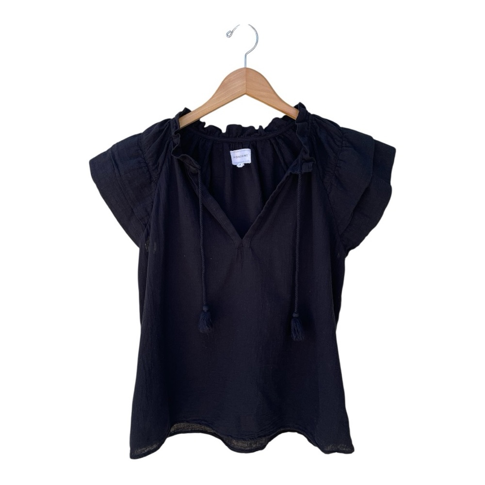 Honorine Women's Black V-Neck Ruffle Sleeve Blouse – 100% Cotton Sz M